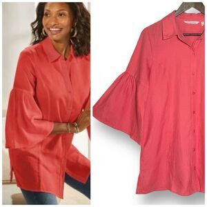 NWOT Soft Surroundings Linen Blend Tunic Top | S | Bell Sleeve | Button Front